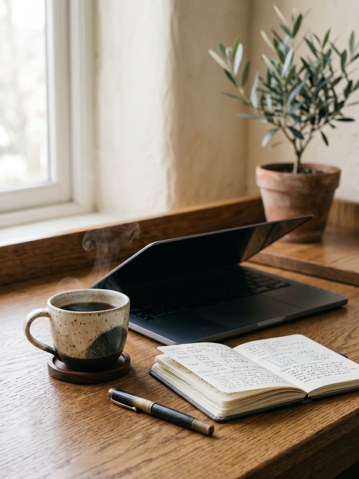 Station de travail d'un service client — lumière douce, intérieur calme