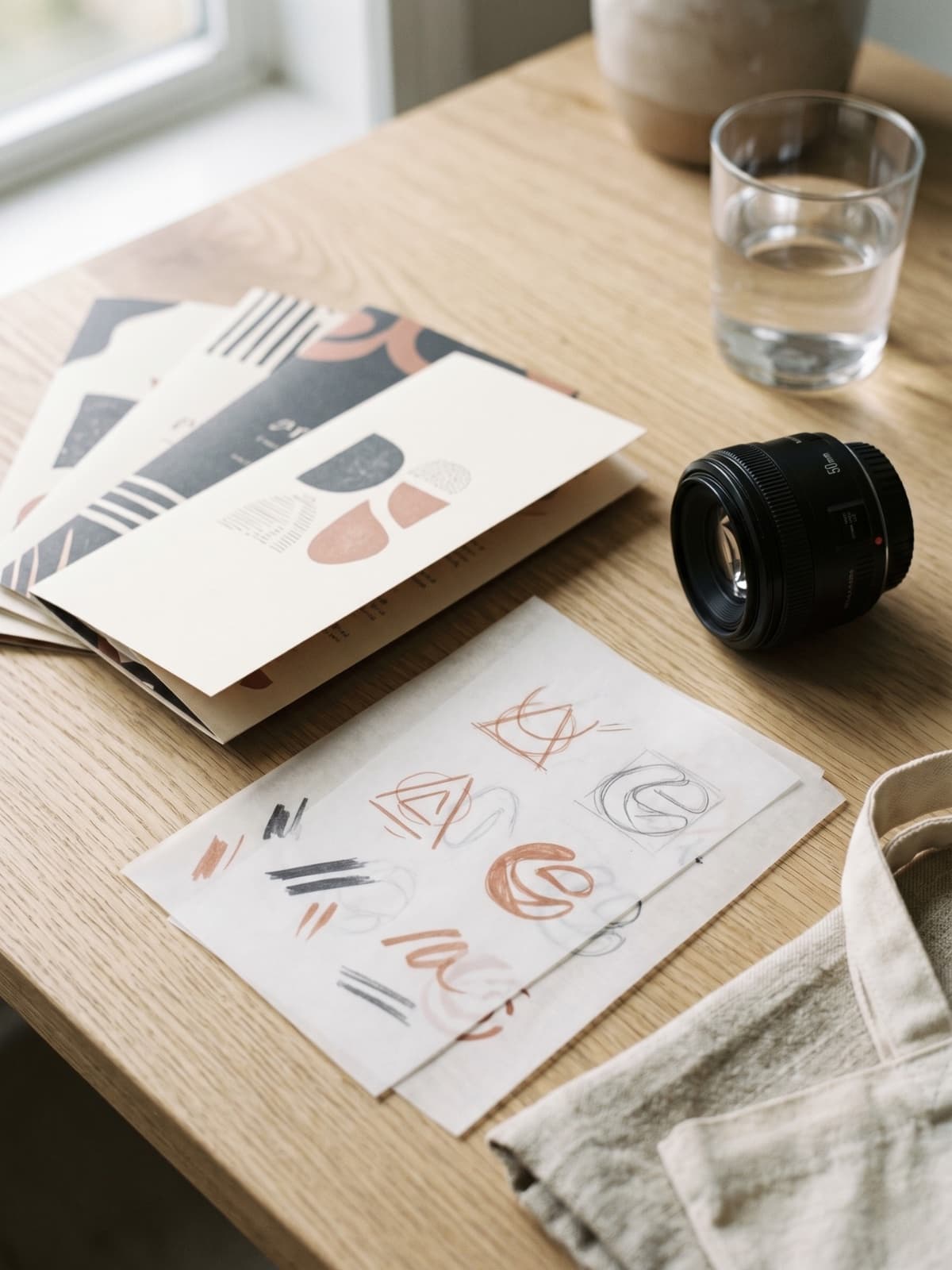 Bureau de designer — maquettes imprimées, ambiance studio chaleureuse