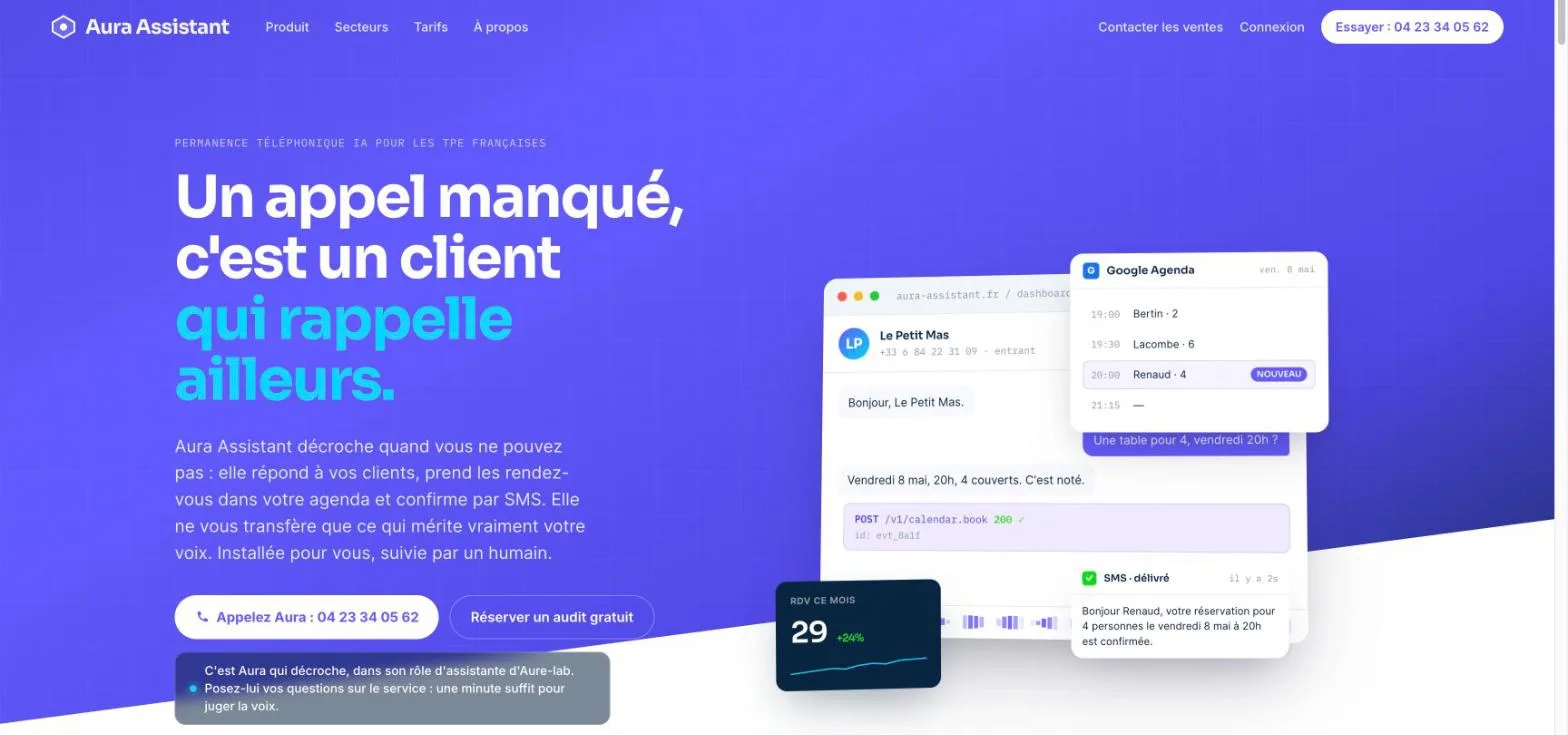 Page d'accueil d'Aura Assistant, le standard téléphonique par IA construit par Aure-lab
